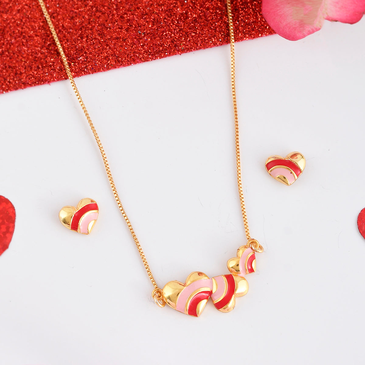 Pink and Red Enamel Hearts Pendant Set