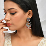 Abharan Red and White Stones and Pearls Drop Earrings