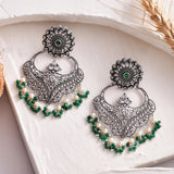 Abharan Jaali Pattern Green Stones and White Pearls Earrings