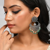 Abharan Jaali Pattern Green Stones and White Pearls Earrings