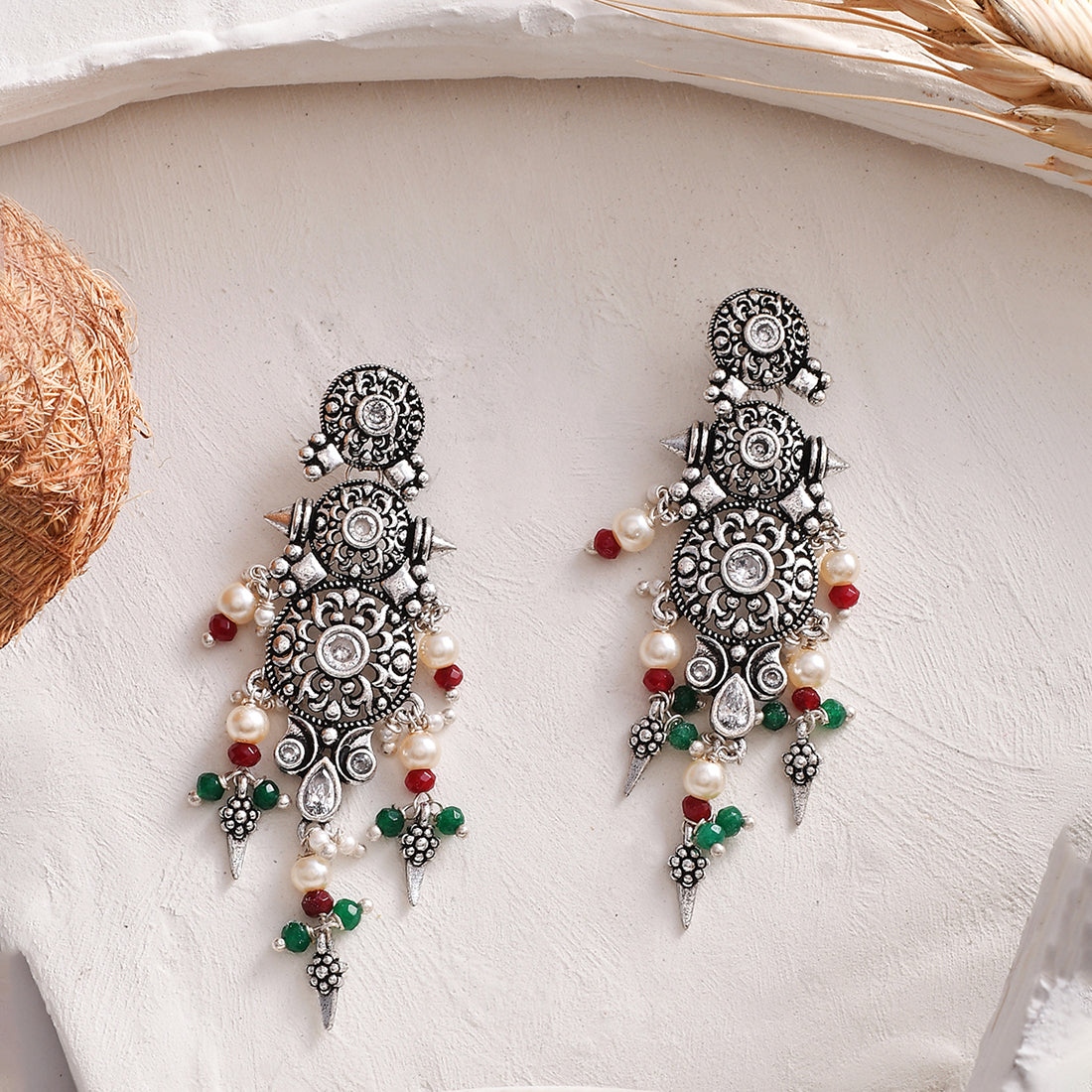 Abharan Tribal Inspired White Pearls Earrings
