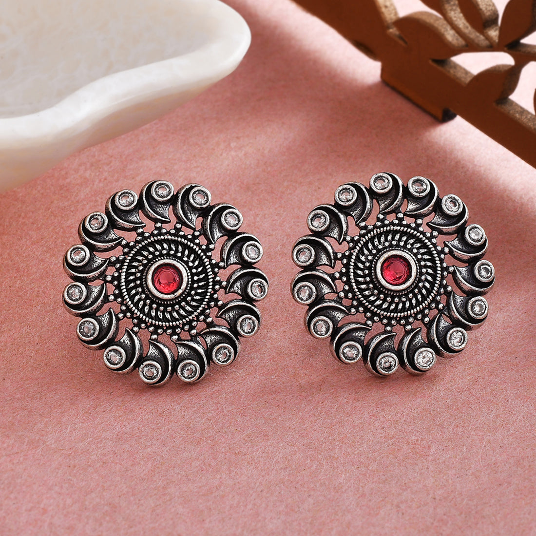 RUBY AND AMERICAN DIAMOND FLORAL DESIGN STUD EARRINGS IN 925 SILVER