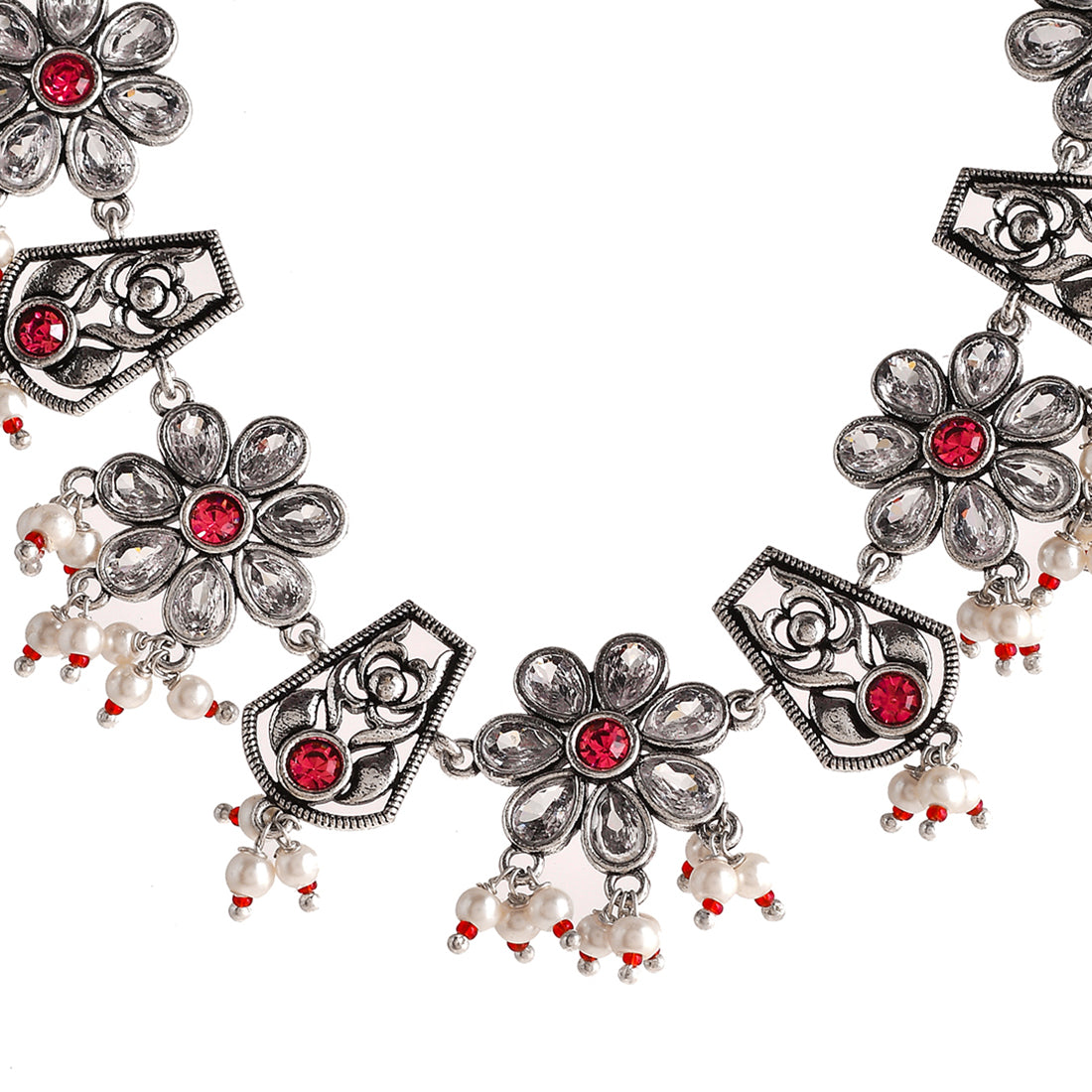Abharan White Stones and Pearls Floral Jewellery Set