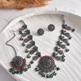 Abharan Green and Red Stones and Pearls Opulent Jewellery Set