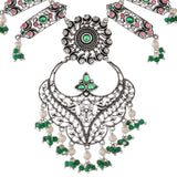 Abharan Ethnic White Pearls and Green Stones Jewellery Set
