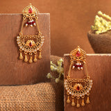 Abharan Floral Red Stones and Pearls Ethnic Drop Earrings