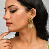 Abharan Floral Green Stones and Pearls Ethnic Drop Earrings