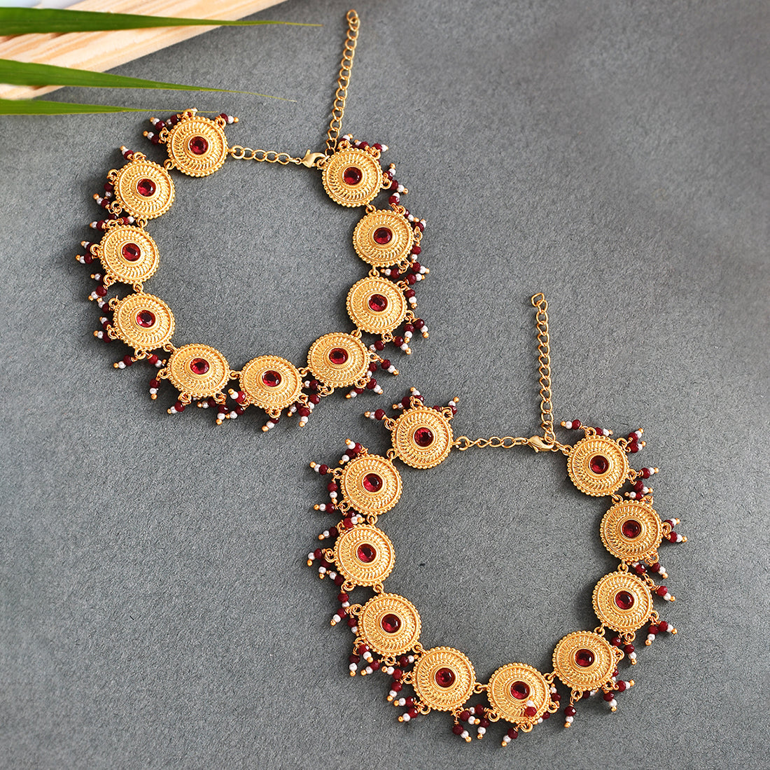Abharan Gold Plated Red Stones and Pearls Anklets