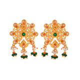 Abharan Pink and Green Stones Floral Stud Earrings