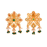 Abharan Pink and Green Stones Floral Stud Earrings
