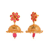 Abharan Red Stones and Pearls Floral Jhumka Earrings