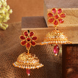 Abharan Red Stones and Pearls Floral Jhumka Earrings