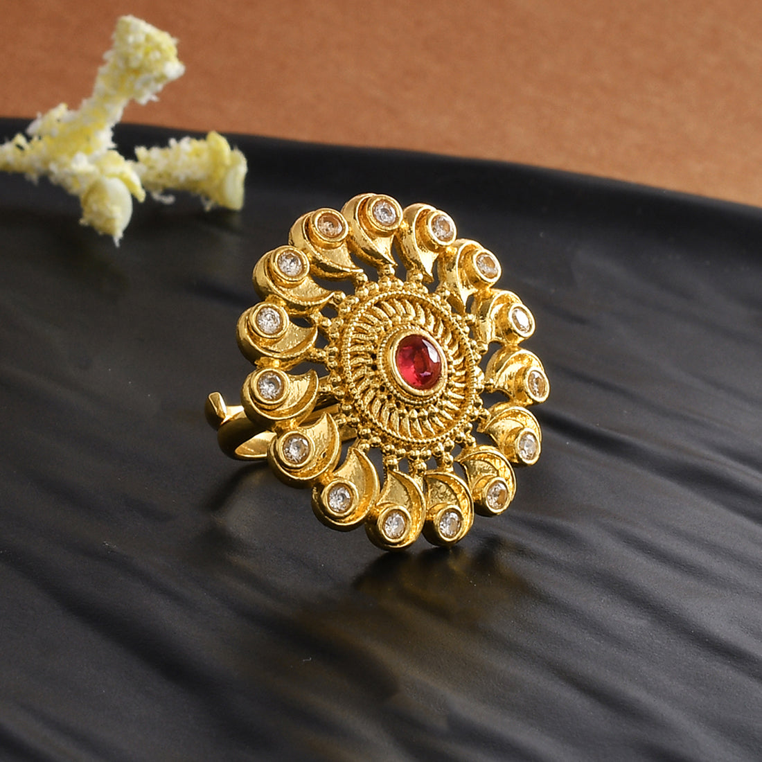 Abharan Red and White Stones Ethnic Ring