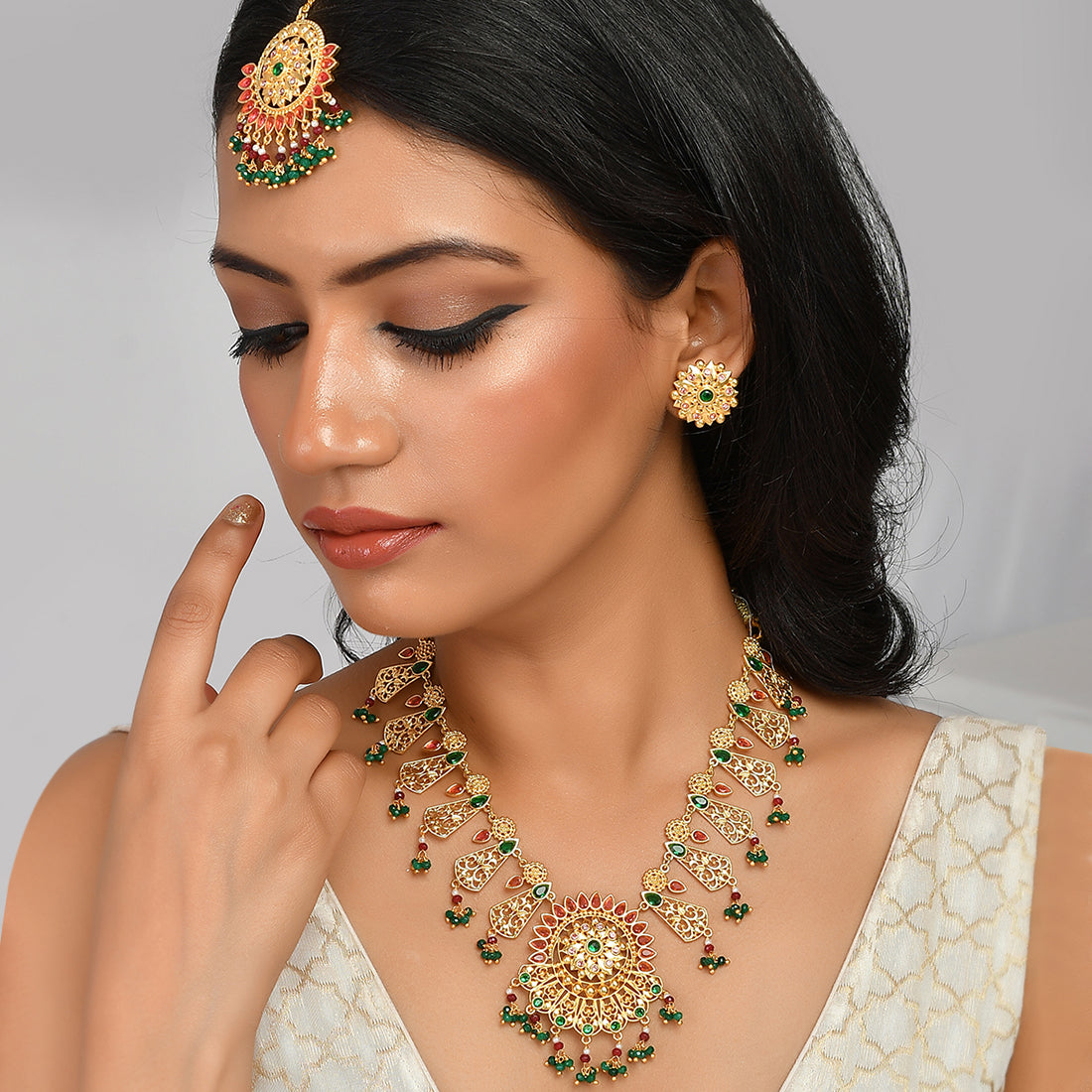 Golden flower necklace and earrings set at ?2150 | Azilaa