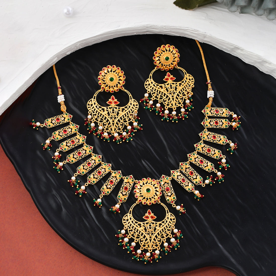 Abharan Heavily Embellished Gold Plated Opulent Jewellery Set – VOYLLA