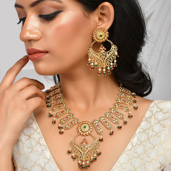 Abharan Heavily Embellished Gold Plated Opulent Jewellery Set VOYLLA
