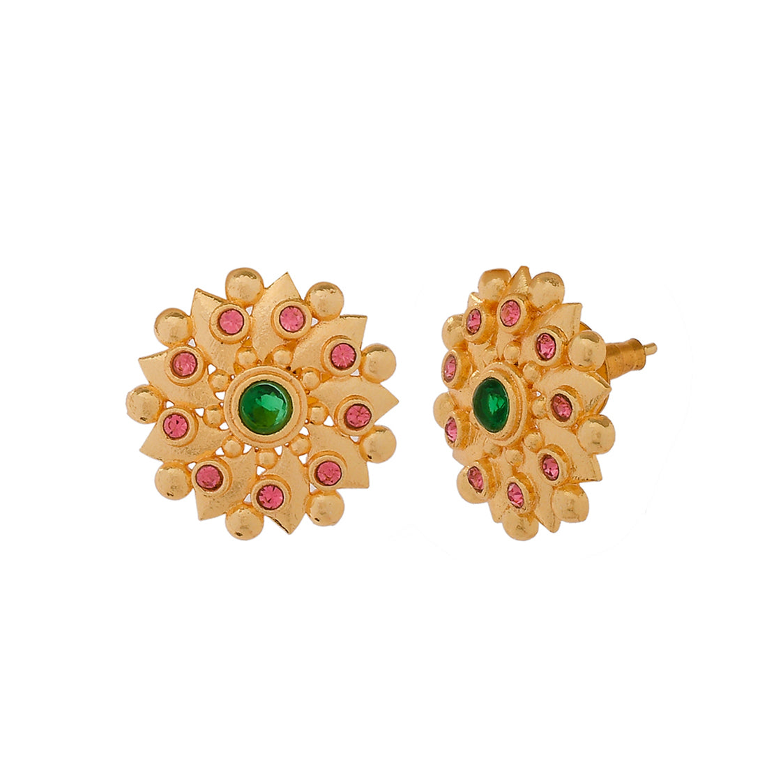 Abharan Green and Pink Stones Floral Earrings