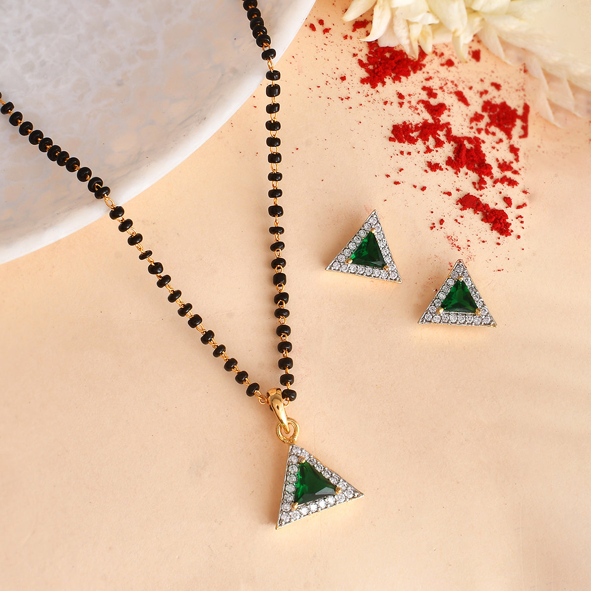 Sparkling Essentials Green Triangular Gold Plated Mangalsutra Set