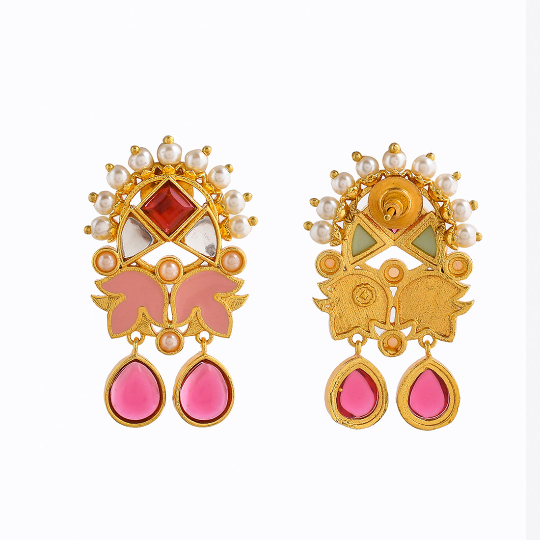 Forever More Enamelled Pink Stones and Pearls Floral Earrings