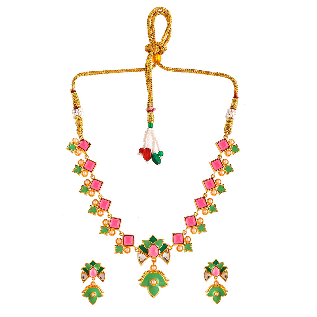 Forever More Pink Stones and Pearls Green Enamel Jewellery Set