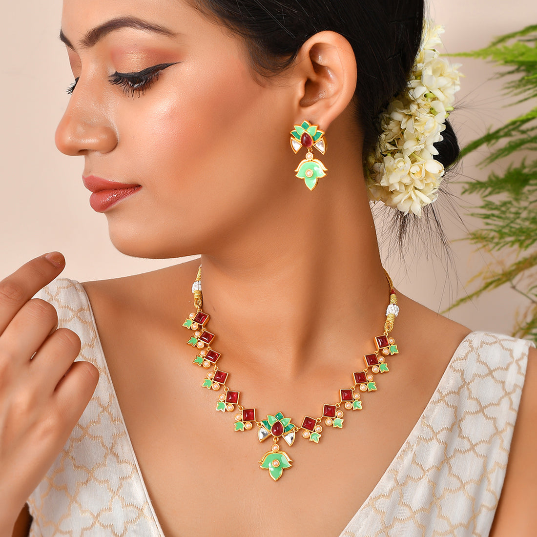 Forever More Pink Stones and Pearls Green Enamel Jewellery Set