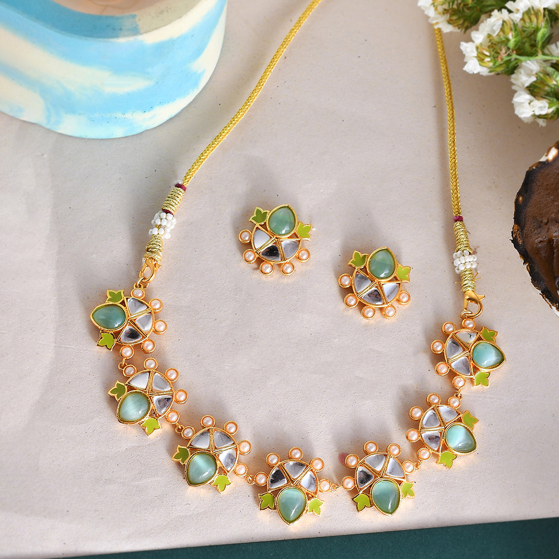 Forever More Green Enamelled Floral Pearls and Green Stones Jewellery Set