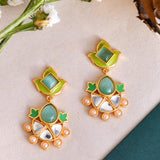 Forever More Green Enamelled Floral Pearls and Green Stones Earrings