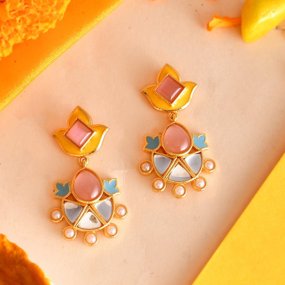 Forever More Yellow Blue Lotus Drop Earrings