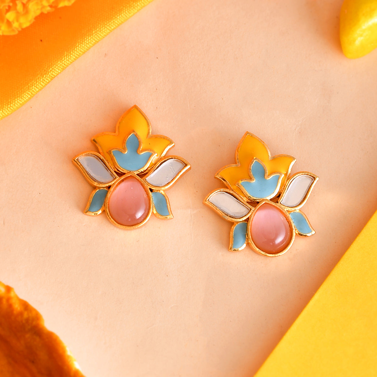 Designer Trendy Hand Embroidered Blue And Pink Color Lotus Design Earring