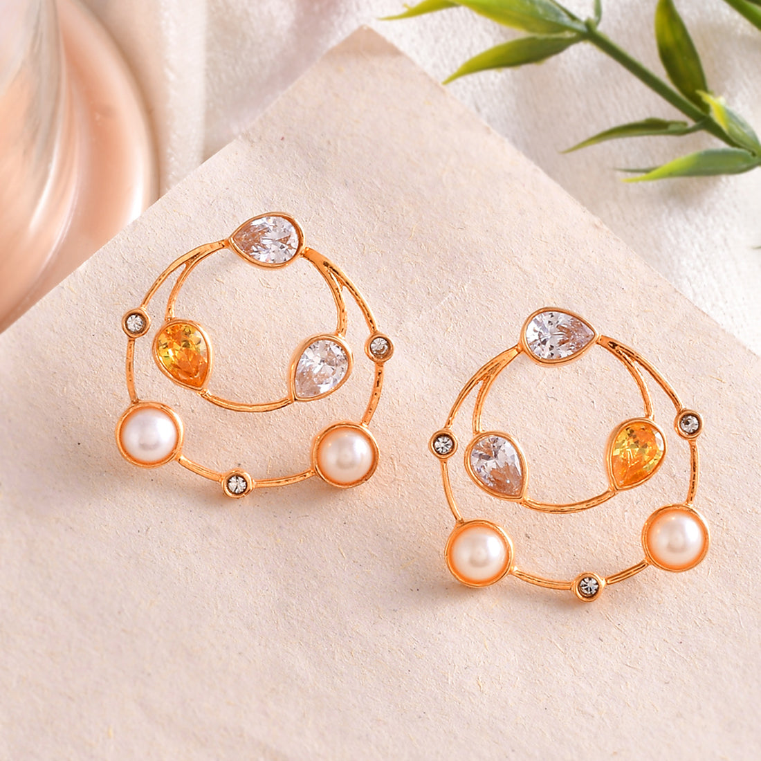 White Stone Studded Floral GoldPlated Drop Earrings  Priyaasi