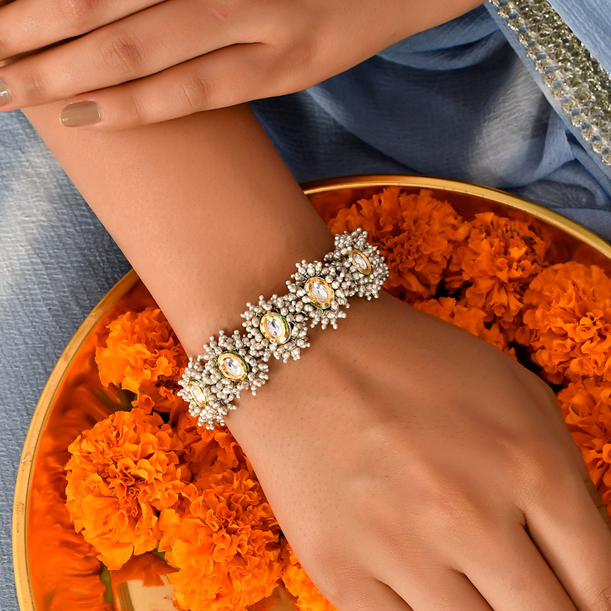 Buy Pragal Kundan Bracelet With Ring | 92.5 Gold Plated Kundan Bracelets  Online – The Amethyst Store