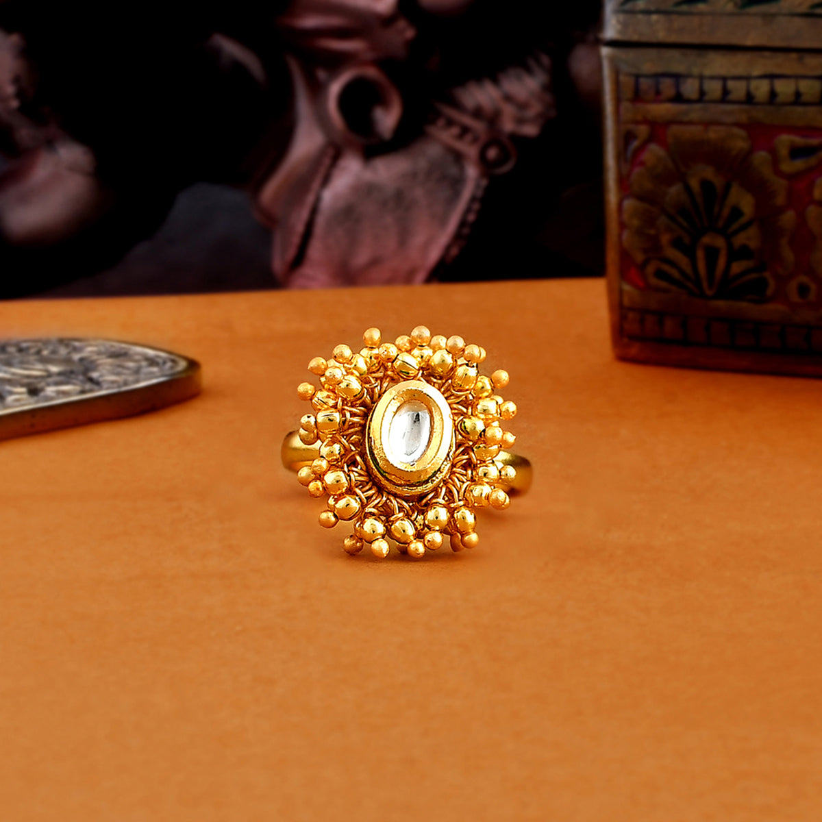 Veerangana Gold Plated Oval Cut Kundan Ring