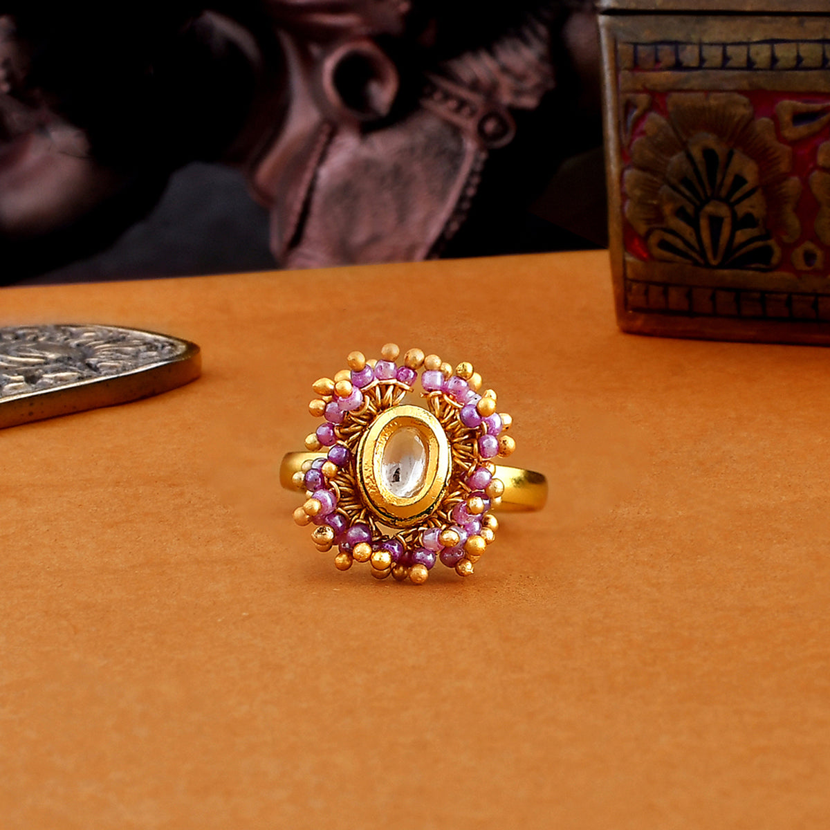 Veerangana Gold Plated Blush Pink Pearls and Oval Cut Kundan Ring