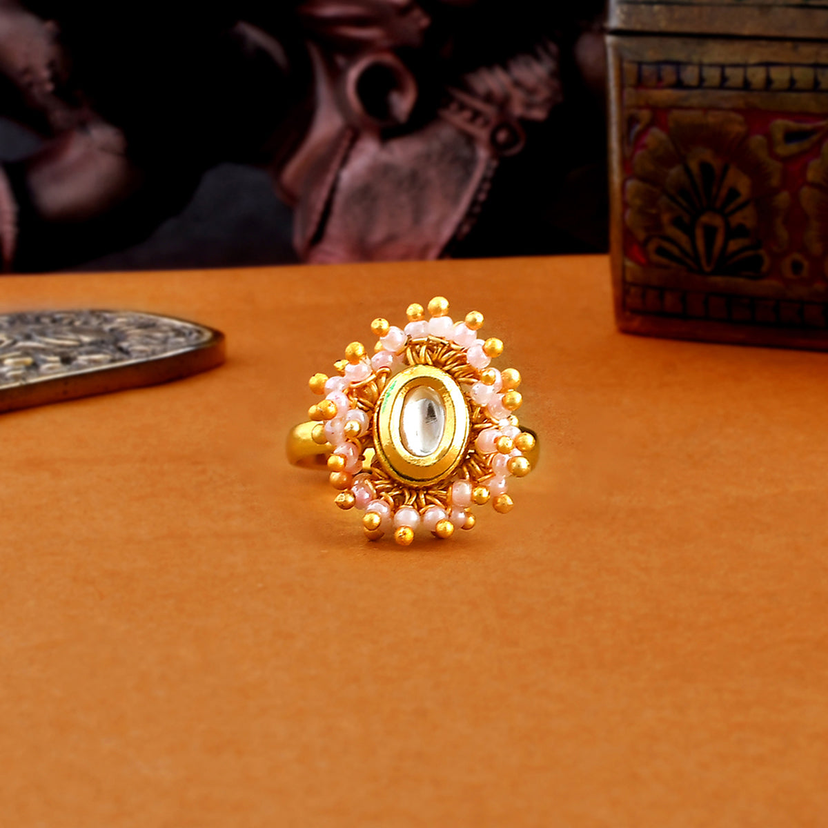 Handmade Gold Color Adjustable Ring with Kundan, Zircon and Mint Monalisa  Stone | Adjustable Rings for Women | Gift for Her | Indian Jewelry – Kaash