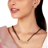 American Diamond CZ Golden Round Brass Black Beaded Mangalsutra with Earrings