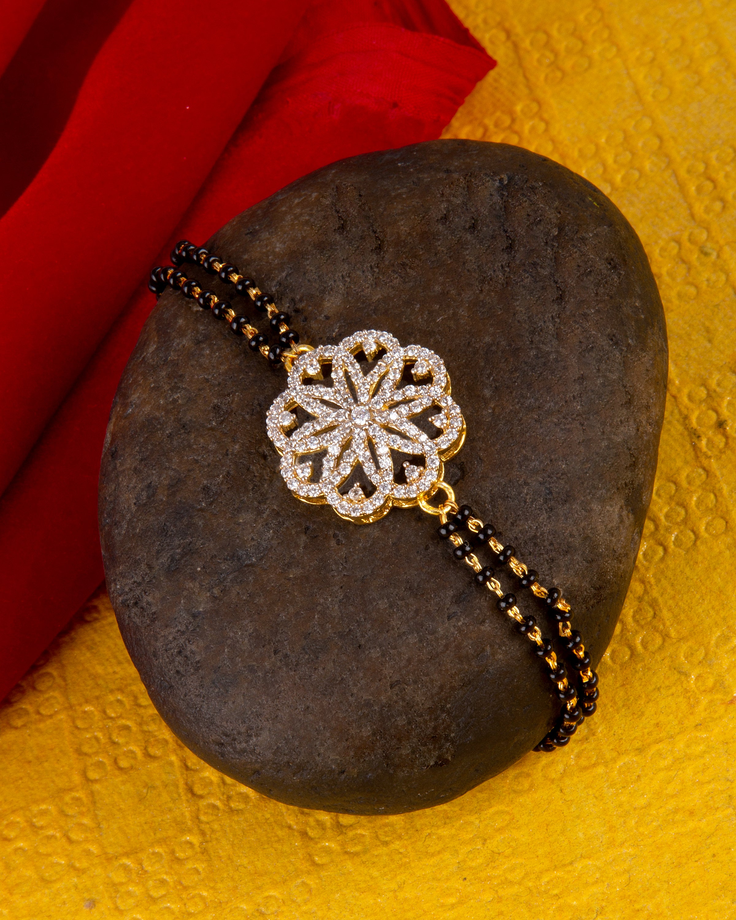 American Diamond CZ Golden Round Brass Black Beaded Mangalsutra Bracelet