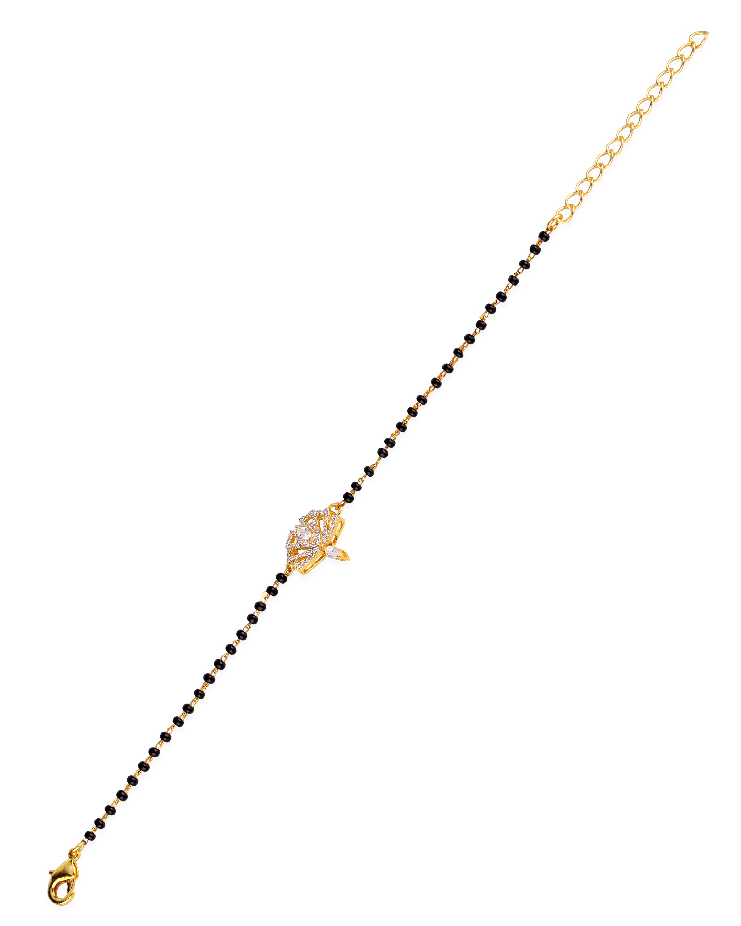 American Diamond CZ Golden Round Brass Black Beaded Mangalsutra Bracelet