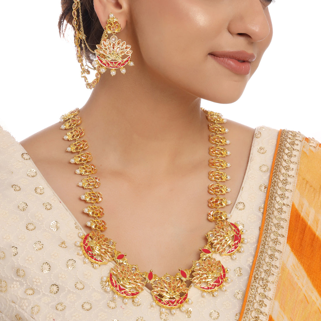 Apsara Bridal Red Enamelled with Pearl Crescent Moon Jewellery Set