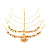 Apsara Bridal Red Enamelled with Pearl Double Layered Golden Matha Patti