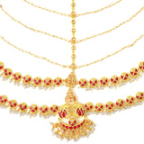 Apsara Bridal Red Enamelled with Pearl Double Layered Golden Matha Patti