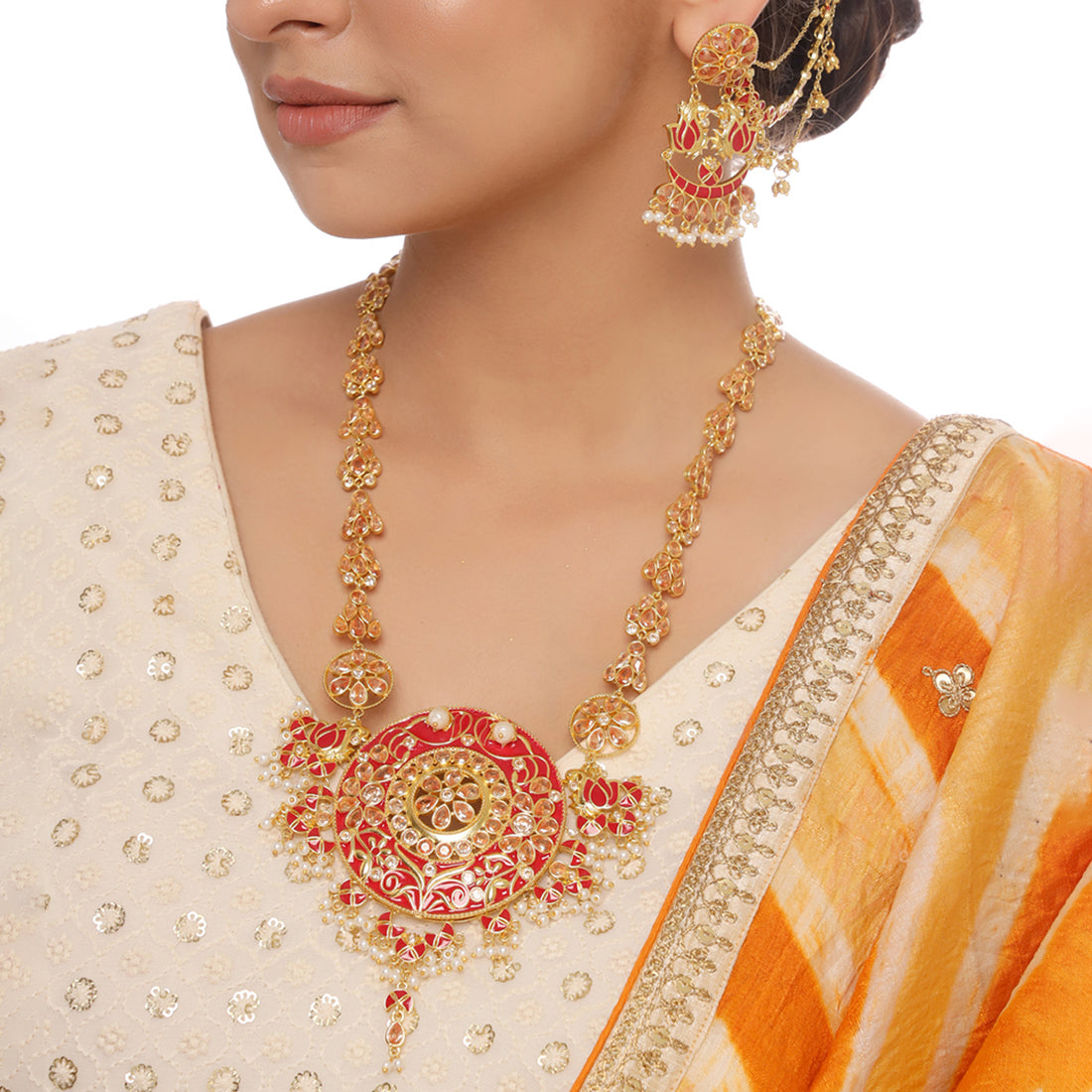 Apsara Meenakari White Pearls Embellished Gold Toned Filigree Jewellery Set