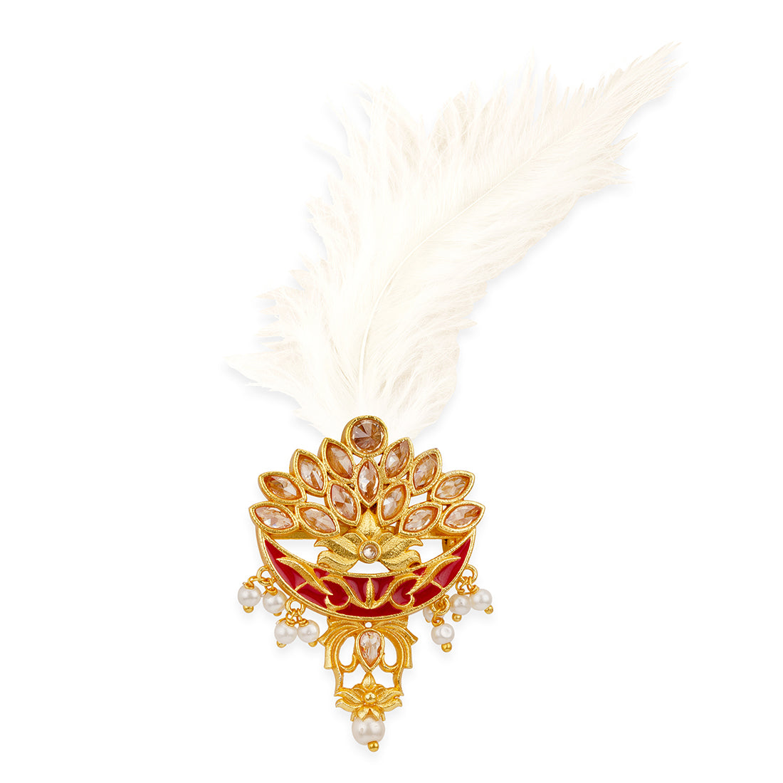 Apsara Groom Royal Red Enamelled with Pearl Golden Kalangi with White Feather