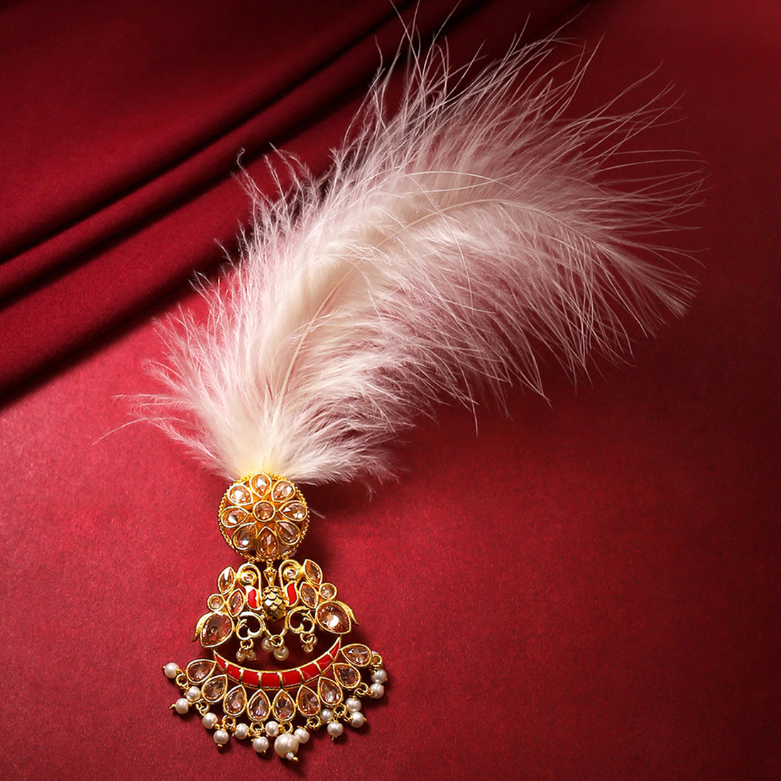 Apsara Groom Red Enamelled with Pearl Golden Kalangi with White Feather