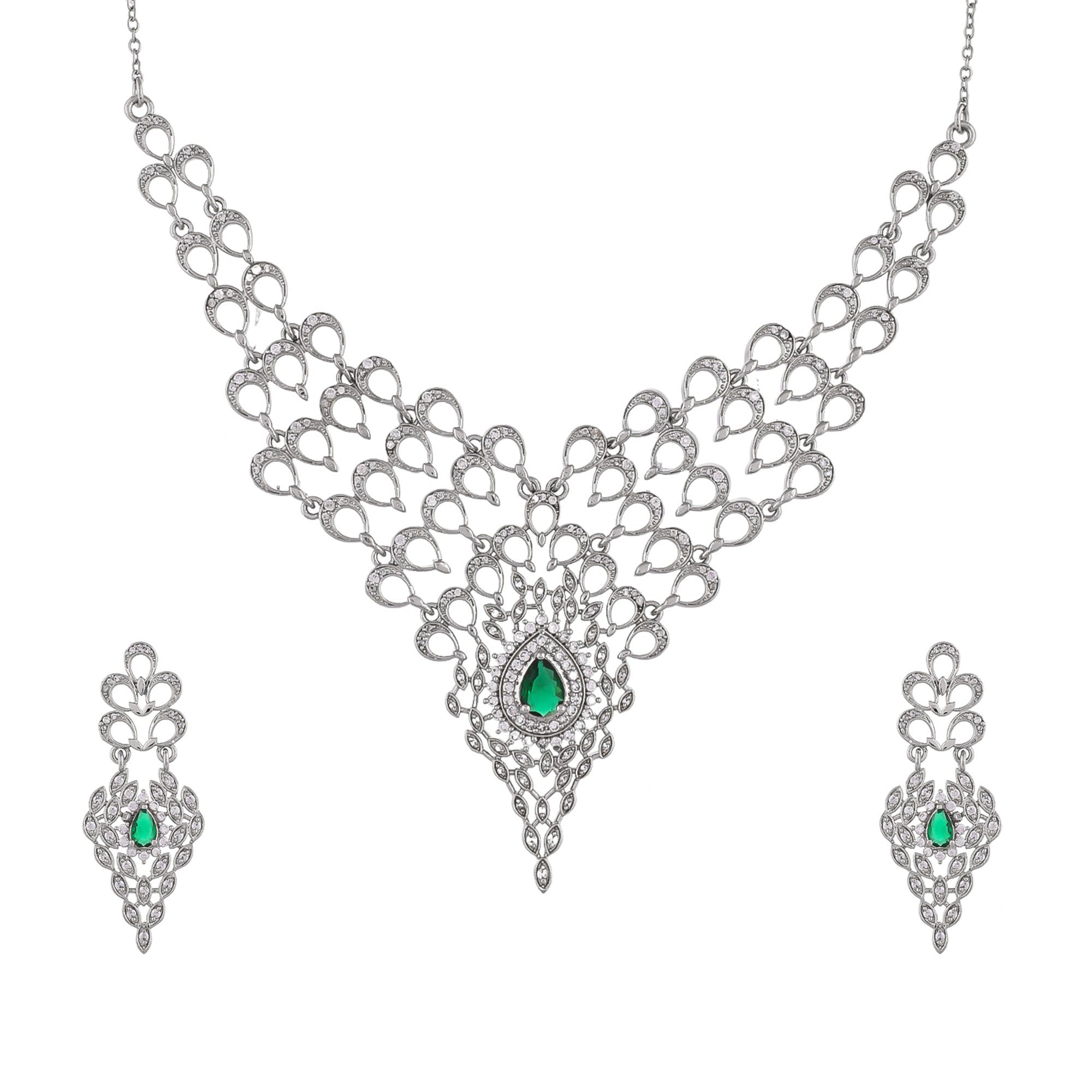 Peacock Emerald Elegance Silver Necklace Set