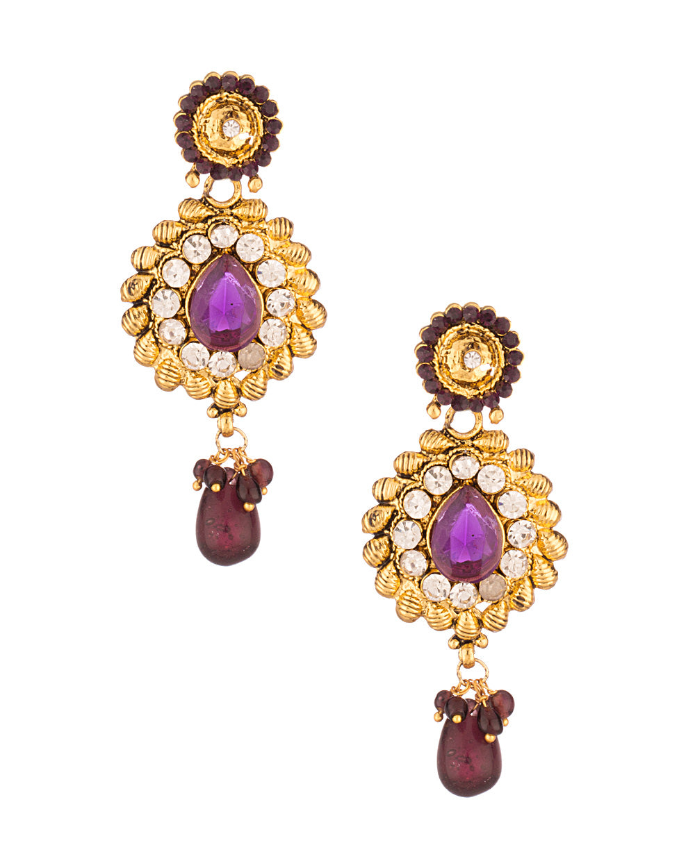 CZ Embellished Gold Toned Earring Pair Featuring Black Stone Droppings
