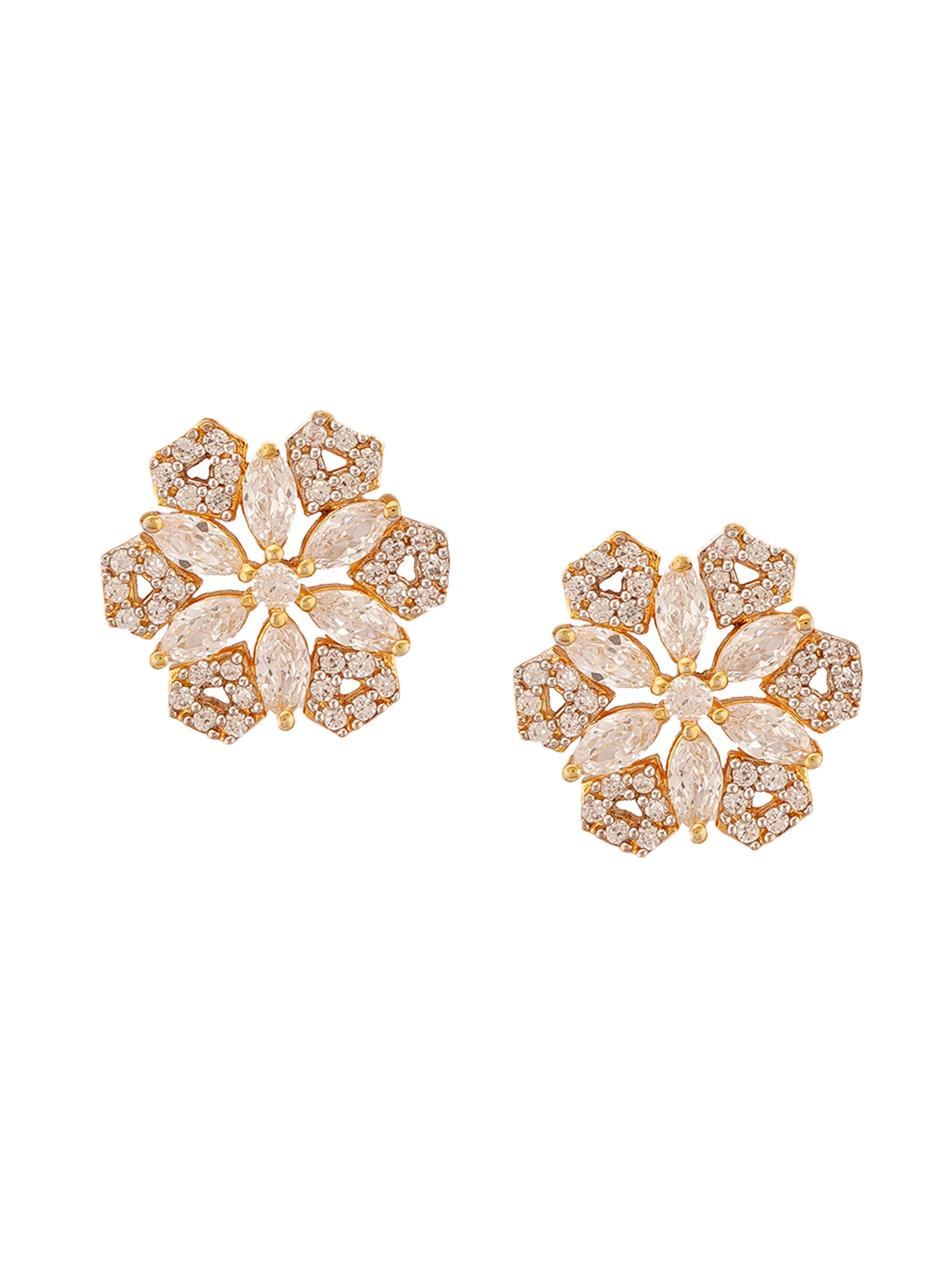 Shimmering Floret American Diamond CZ Gold Plated Brass Silver Stud Earrings