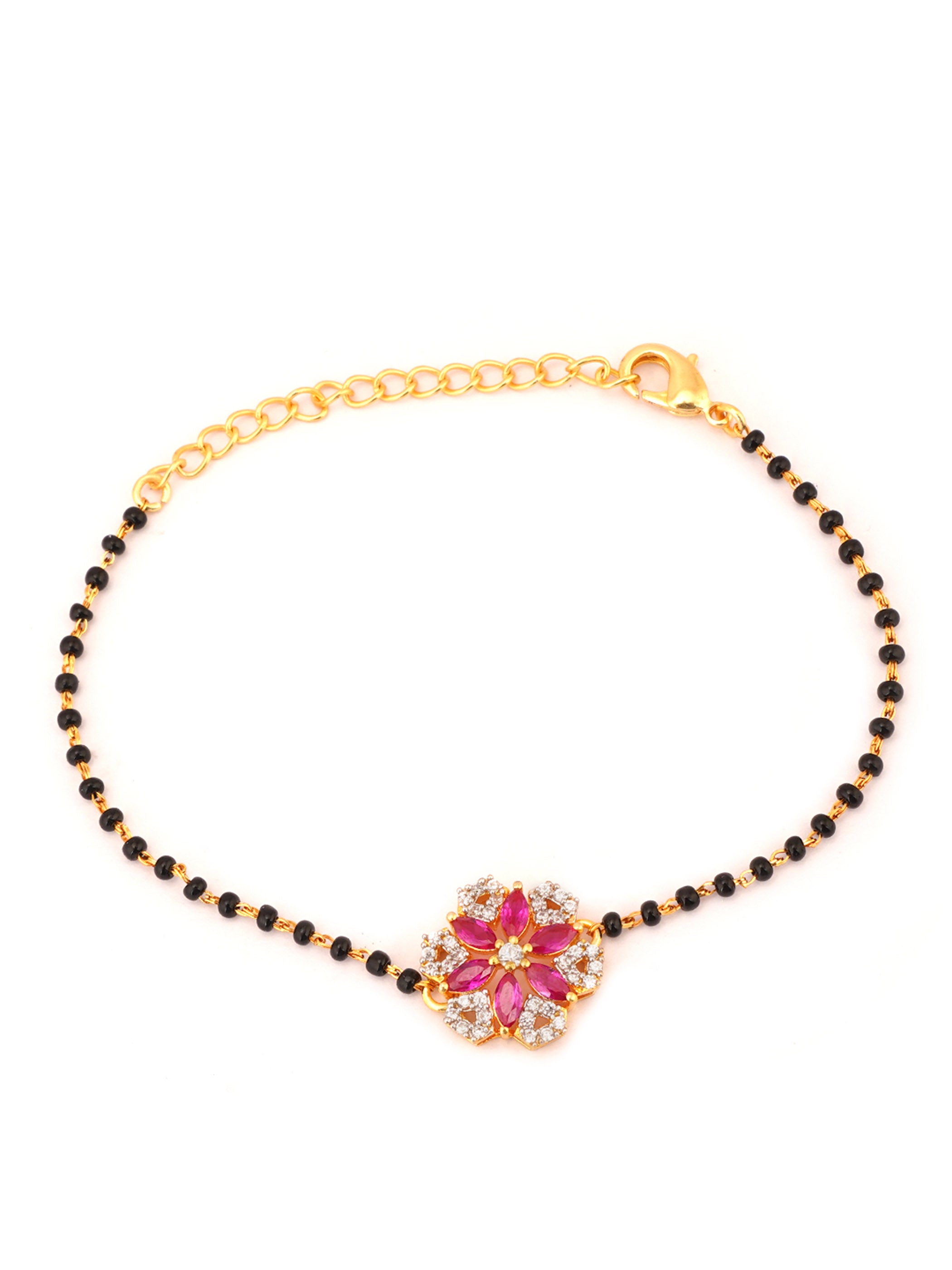 Shimmering Floret American Diamond CZ Black Beads and Flower Mangalsutra Bracelet