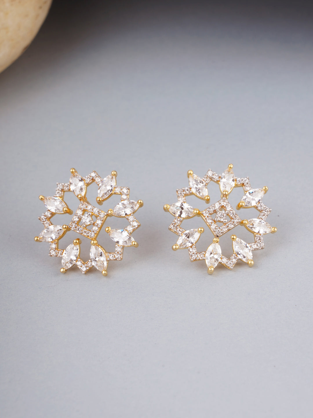 Shimmering Floret American Diamond CZ Gold Plated Brass Stud Earrings