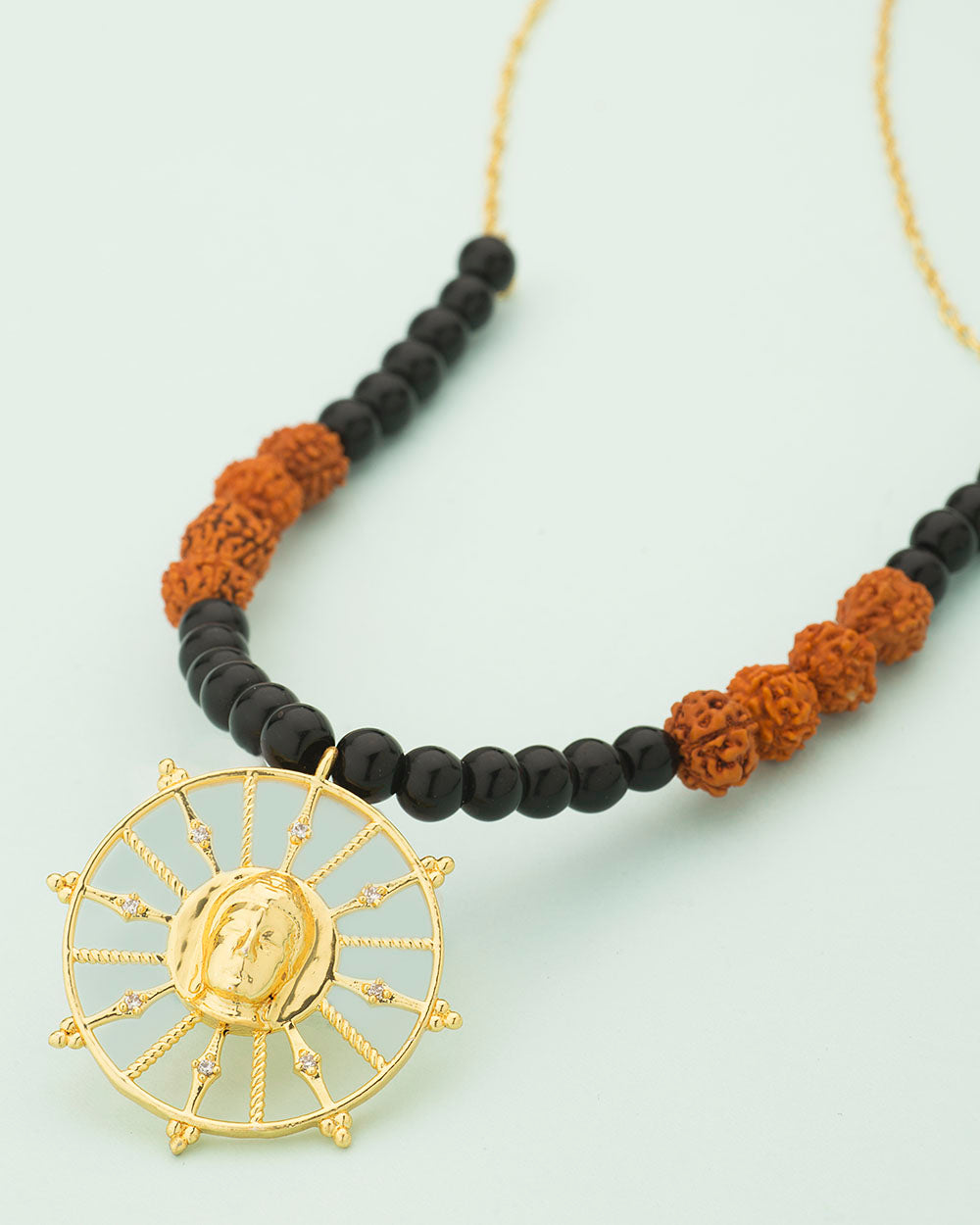 Lord Buddha Inscribed In A Chakra Designer Pendant With Rudraksha & Black Beaded Chain For Men