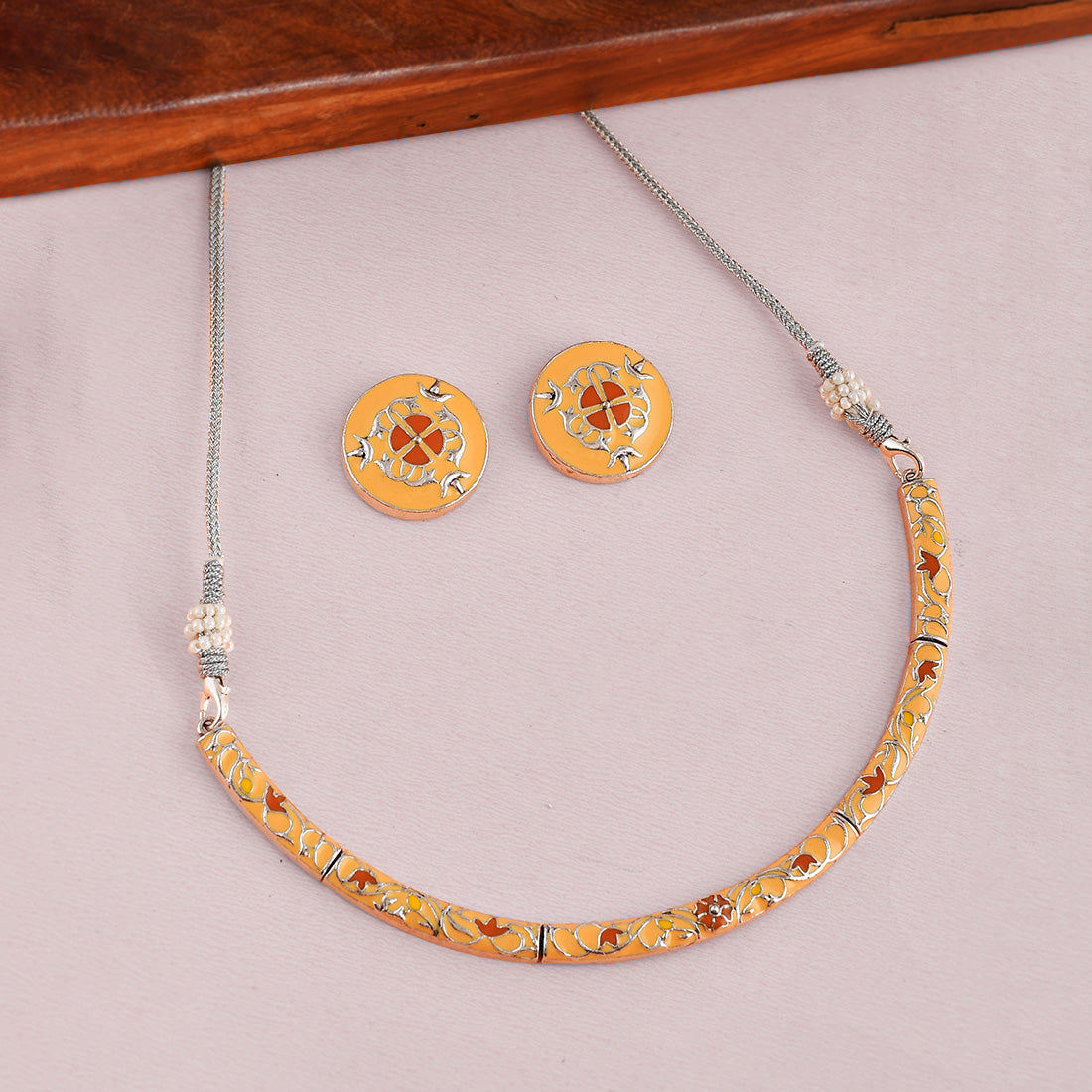 Enameled Elegance Yellow Floral Gold-Plated Necklace Set
